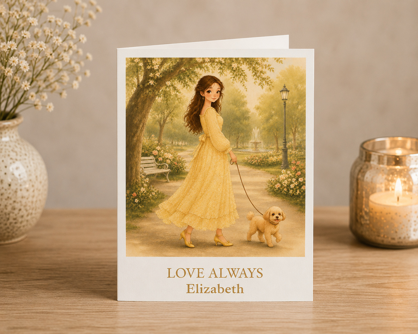 Joy walking beneath blossom trees with a cheerful companion